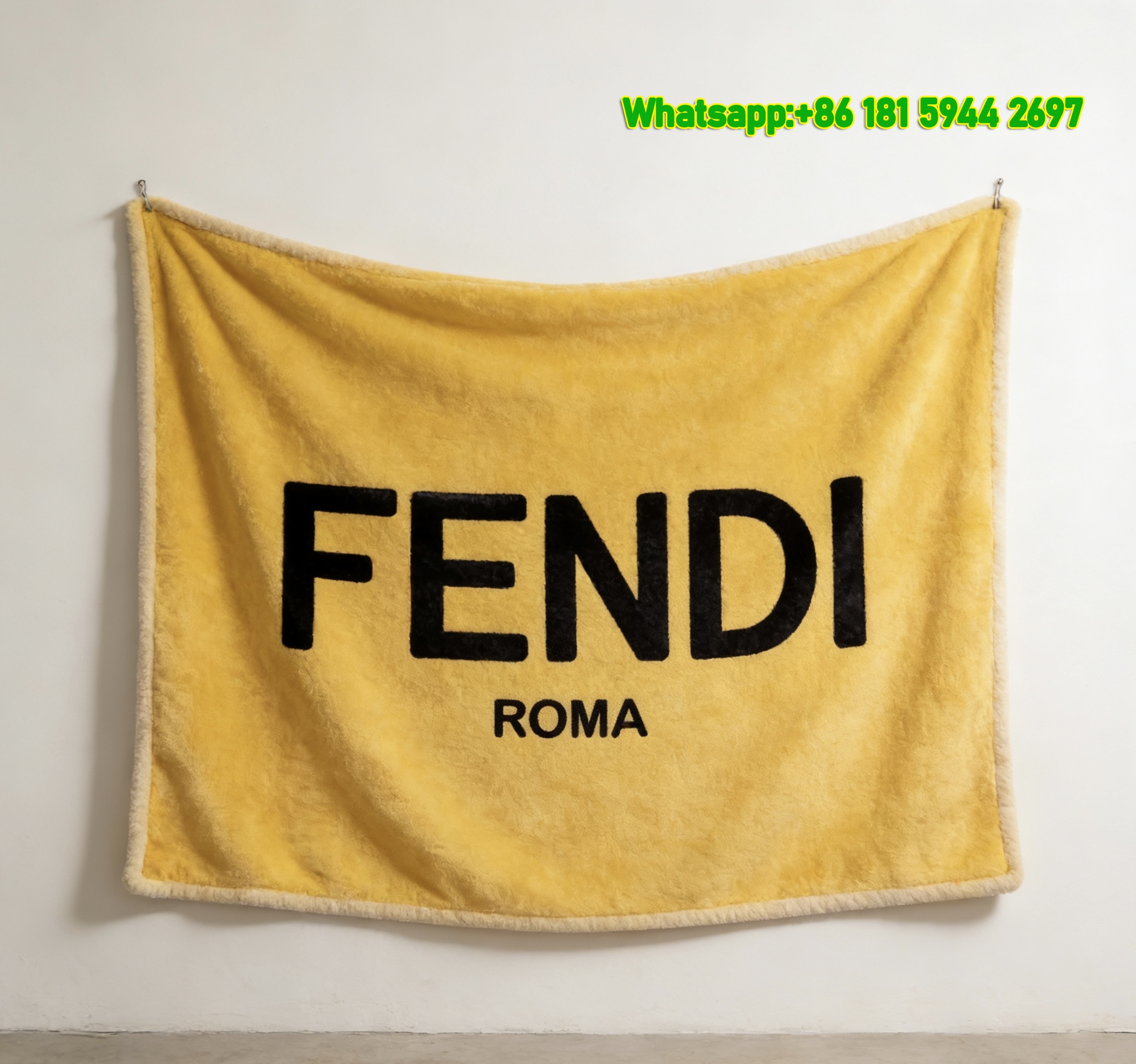 Bright Yellow Fendi Roma Flannel Throw Blanket Bold Black Logo IMG_9315